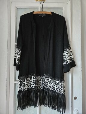 NESS Black Fringe Open Cardigan Kimono Sweater Size S